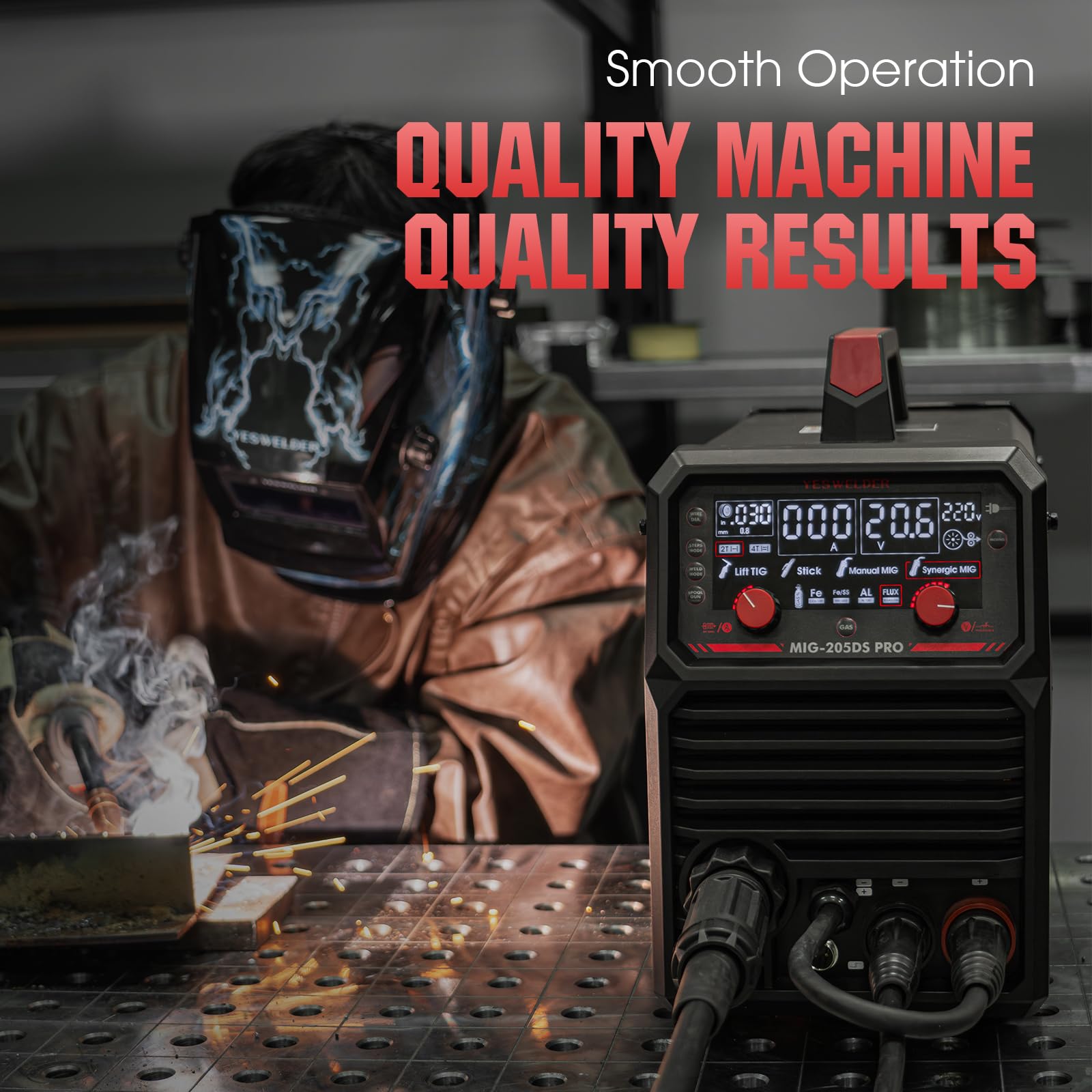 YESWELDER MIG-205DS PRO 5-in-1 capabilities cover MIG, flux core, TIG, and stick.