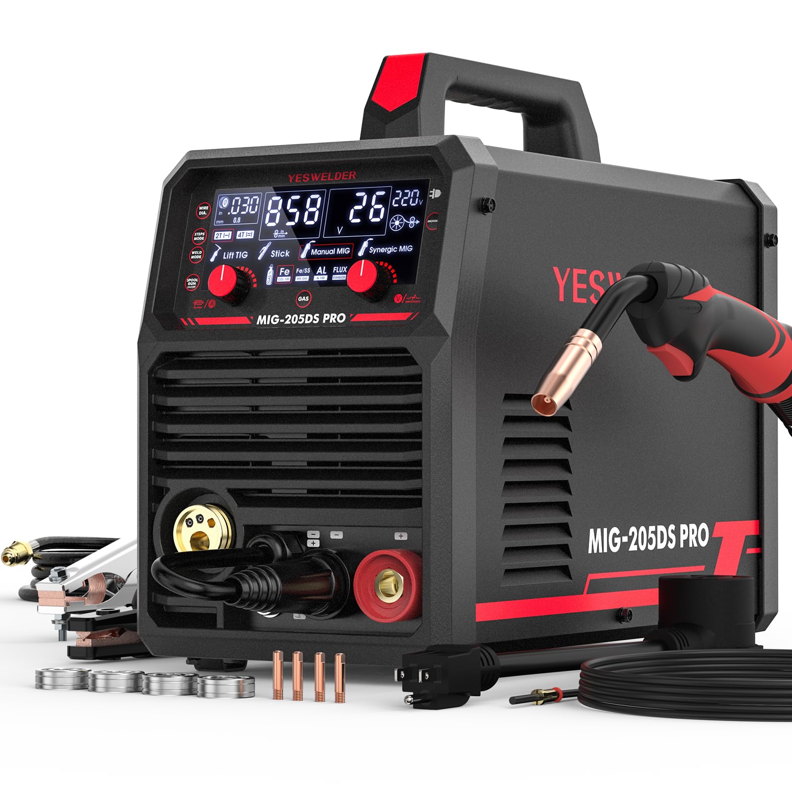 YESWELDER MIG-205DS PRO front panel and controls for easy setup.