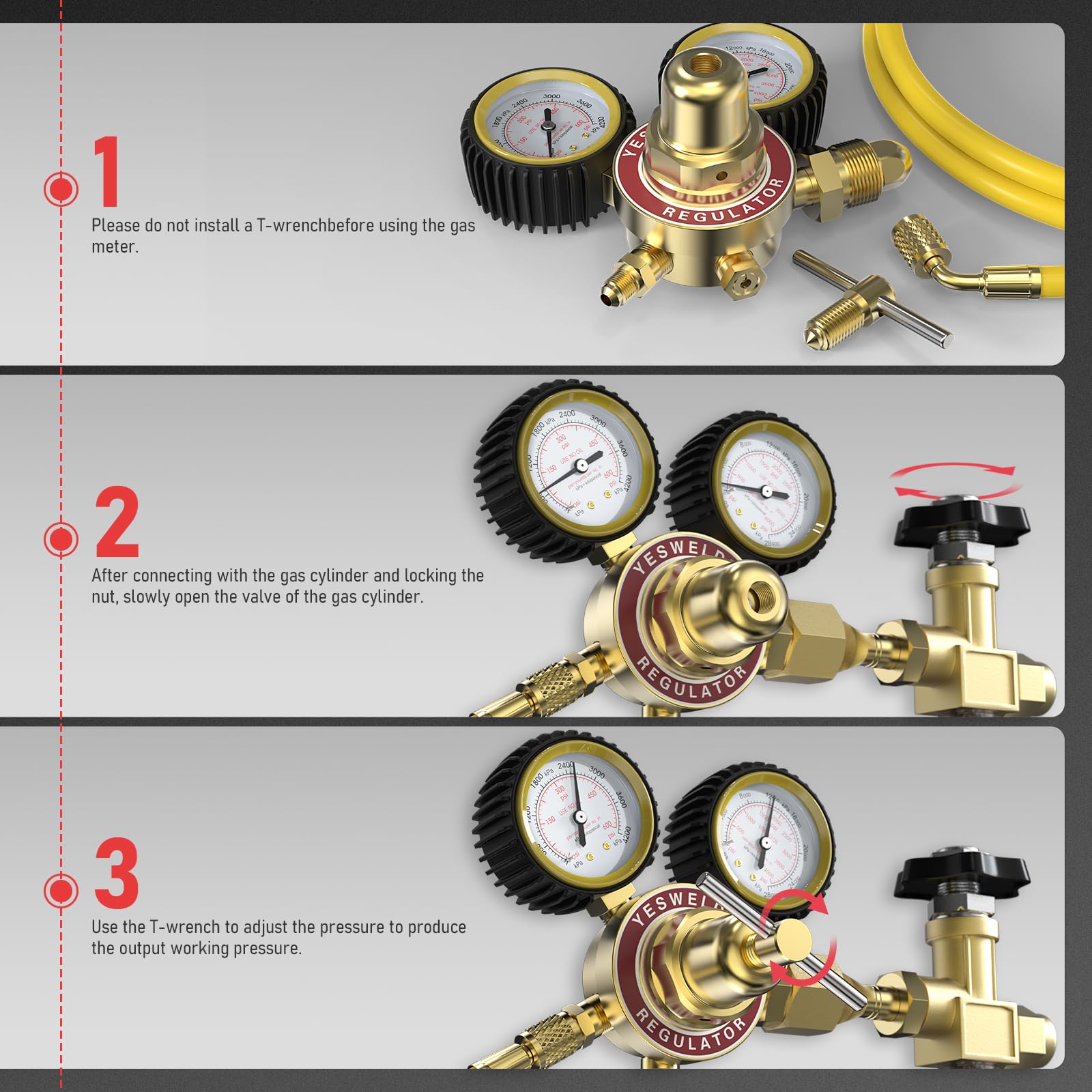YESWELDER regulator with 1/4 inch male flare outlet for hoses