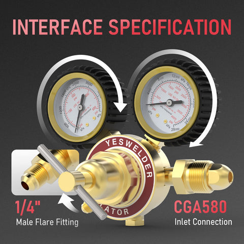 YESWELDER regulator gauges showing low and high pressure ranges