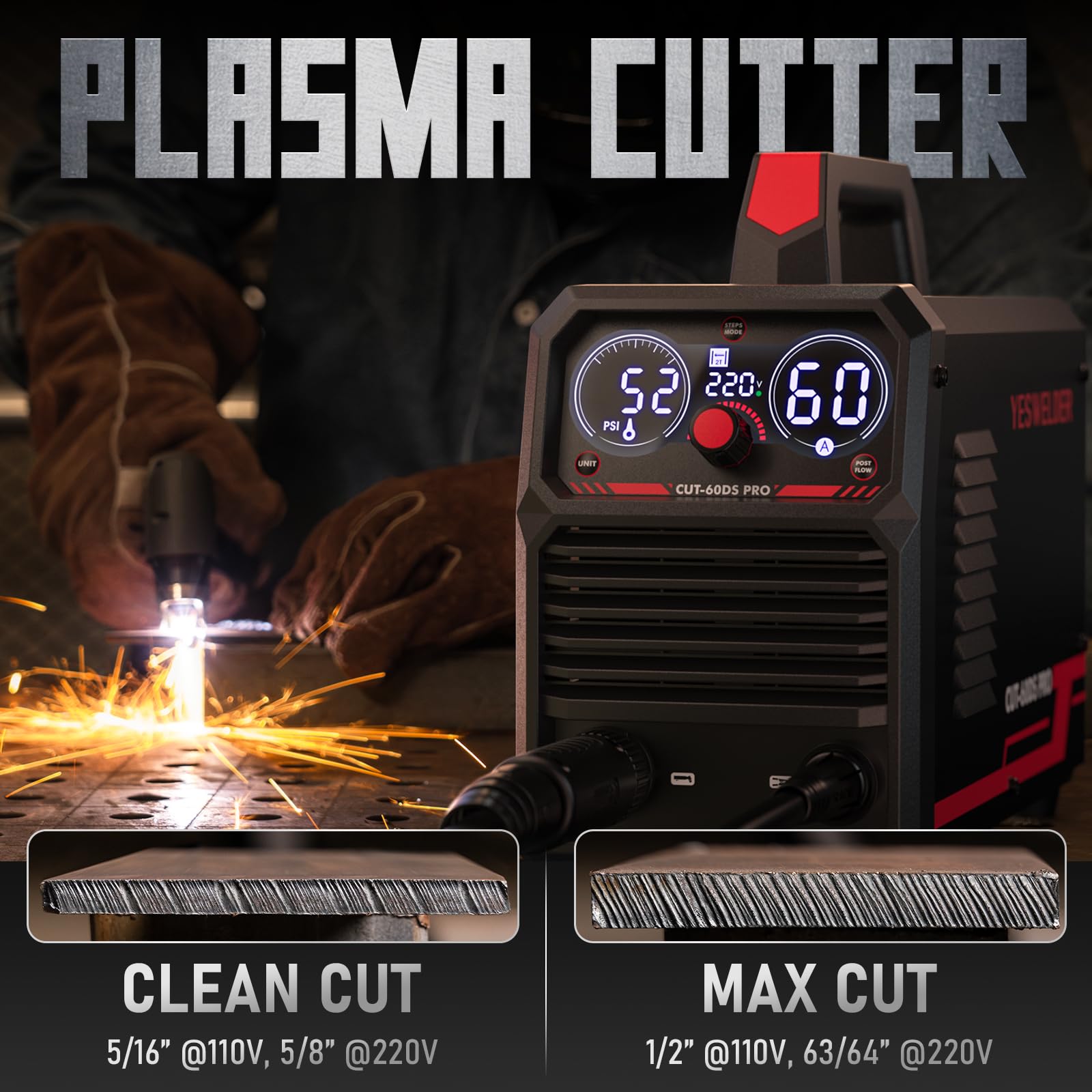 YESWELDER CUT-60DS PRO 110-220V dual voltage for versatile power.