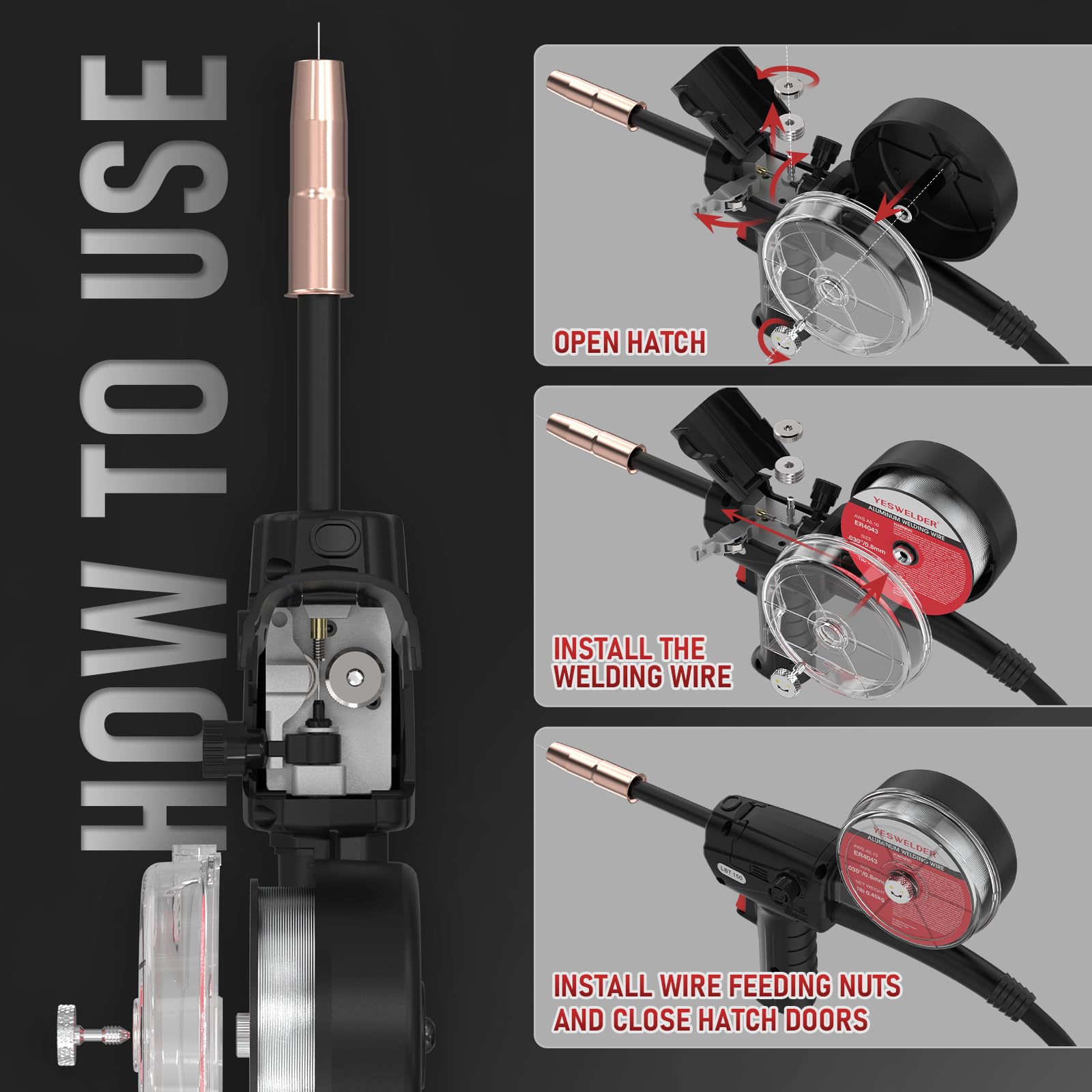 YesWELDER spool gun built-in feeder enhances consistent welds with fewer jams