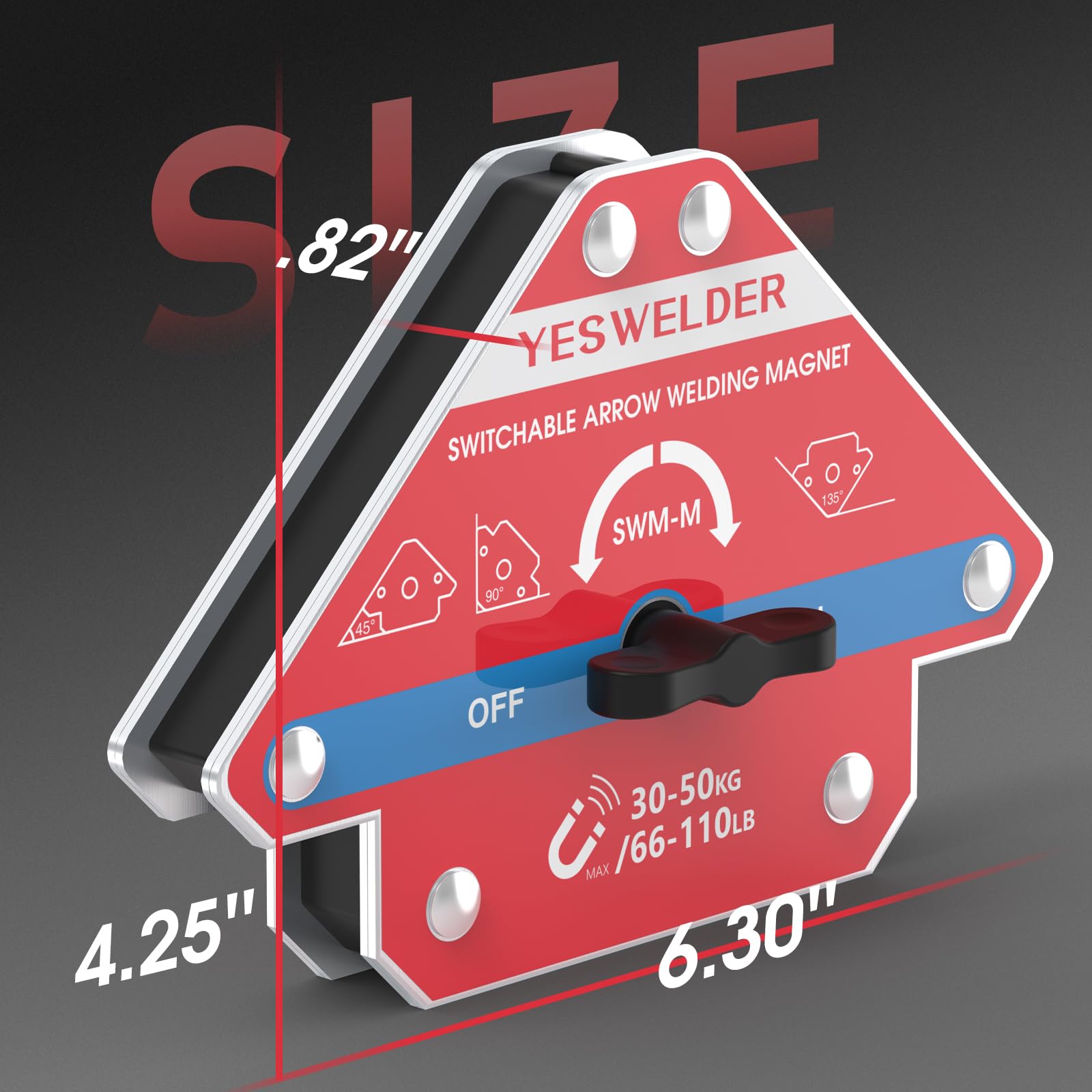 YESWELDER Switchable Arrow Welding Magnet shown with on/off switch enabling quick repositioning.
