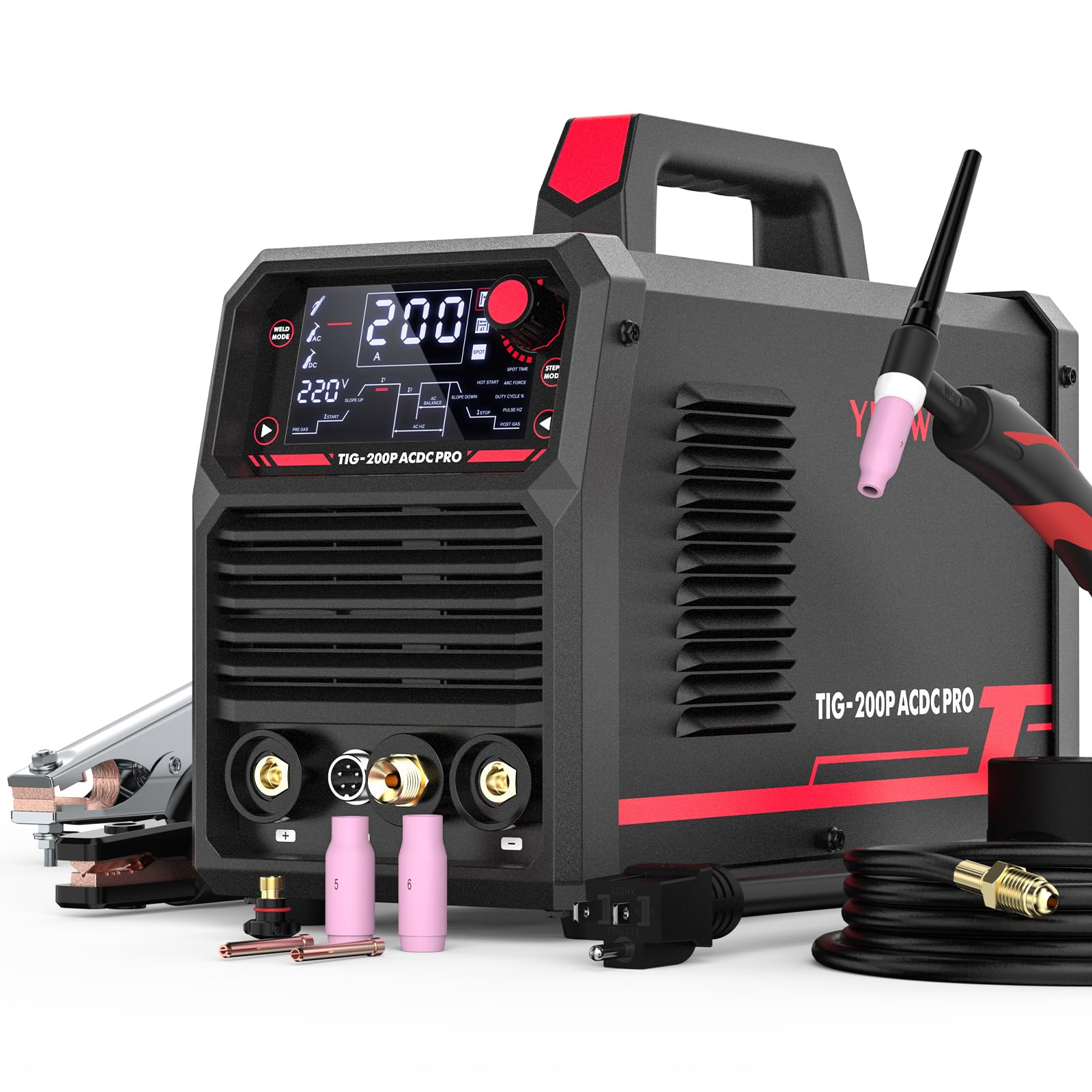 YesWelder TIG-200P ACDC with pulse displays precise settings for aluminum welding.