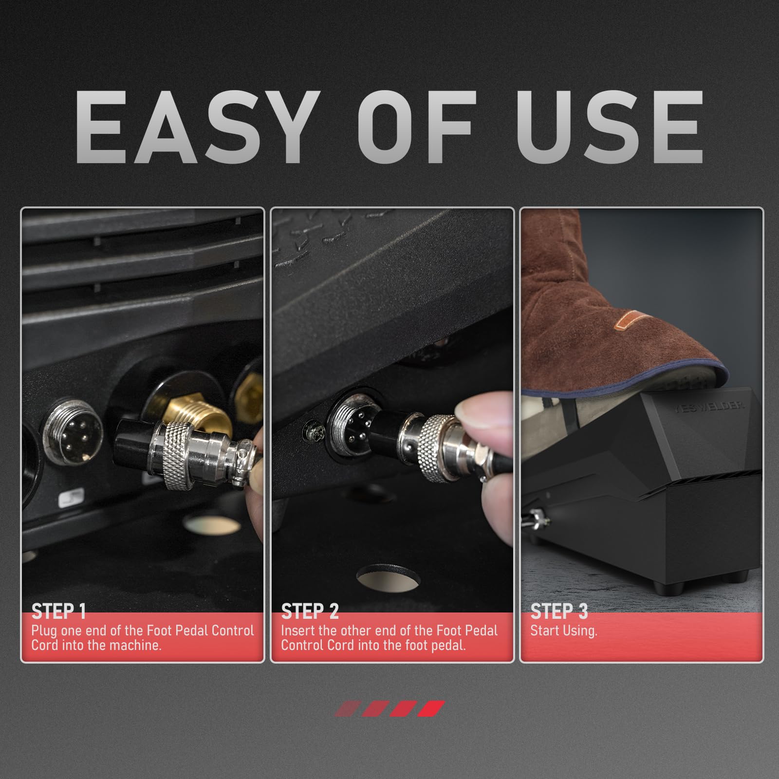 YESWELDER TIG foot pedal packaging showing a ready-to-use bundle