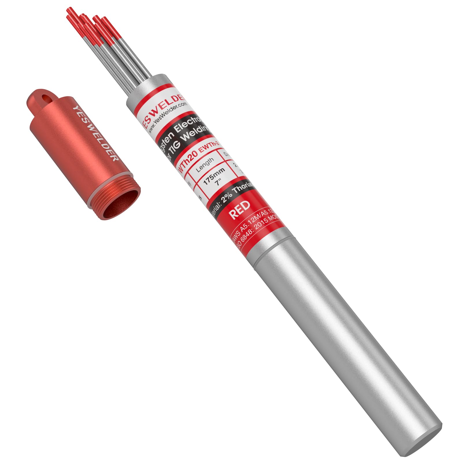 YESWELDER TIG tungsten red tip 3/32 x 7 inch electrode in an aluminum tube for stable arc