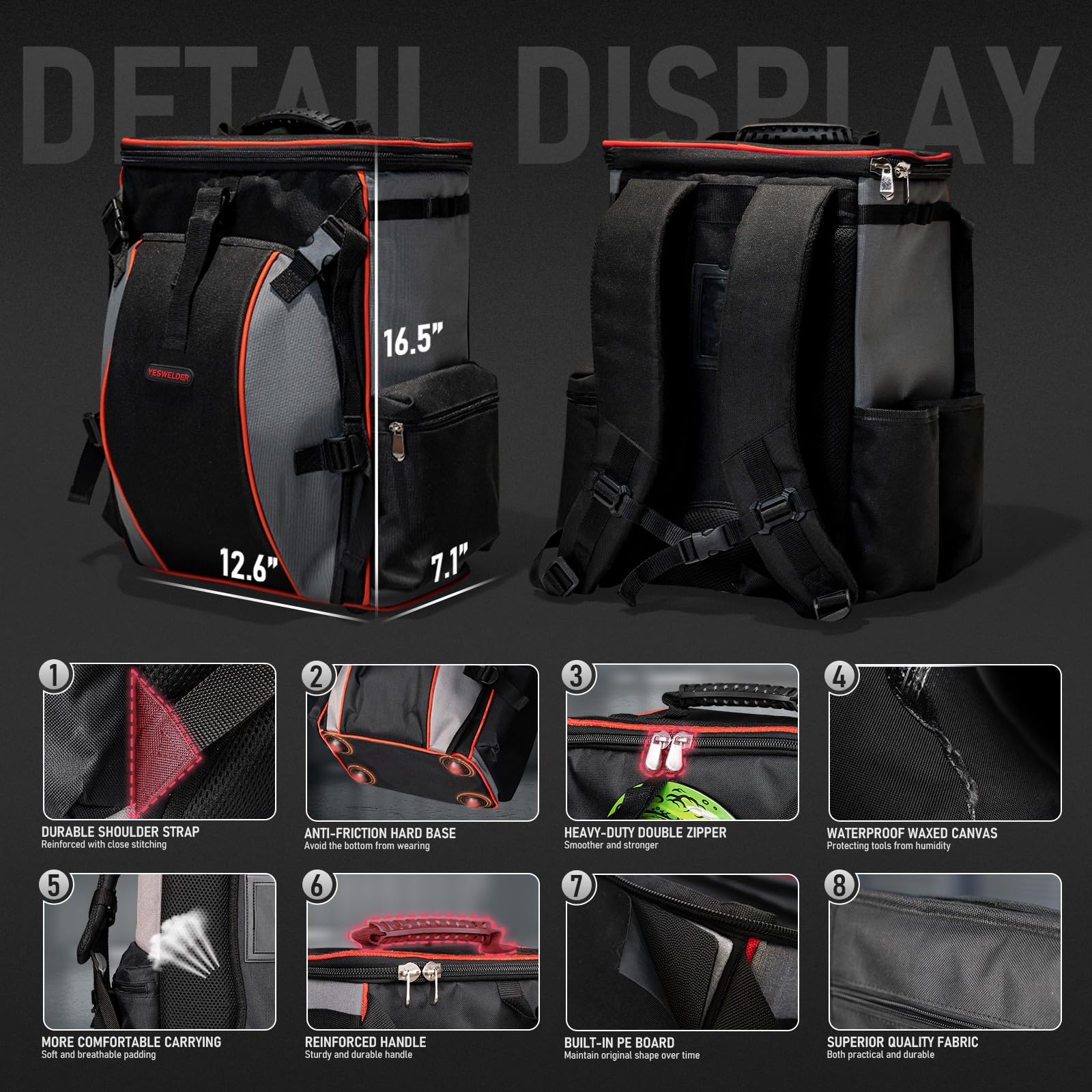 YESWELDER welding backpack main compartment shows ample space for gear