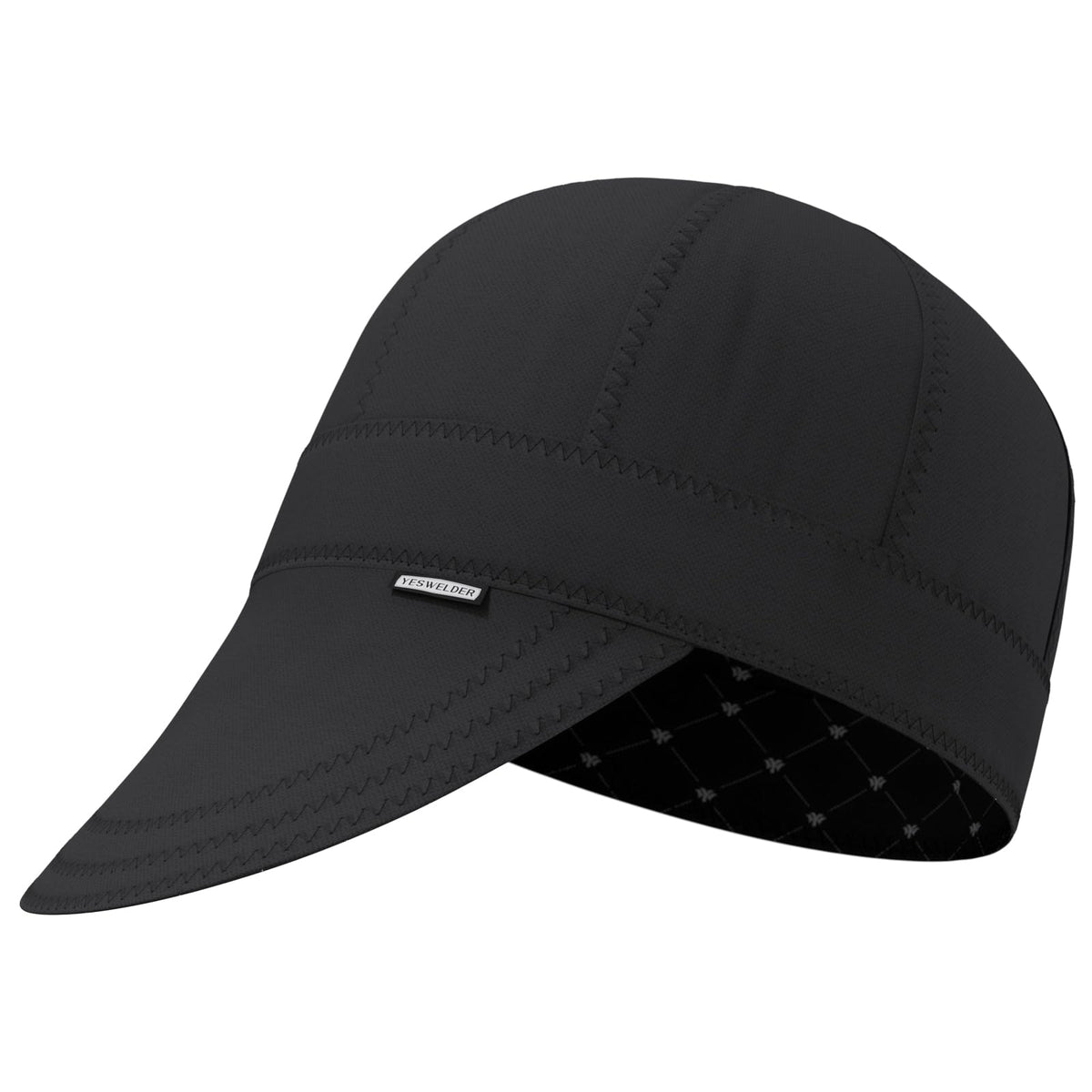 YESWELDER all black welding cap front view showing sweat-wicking fit