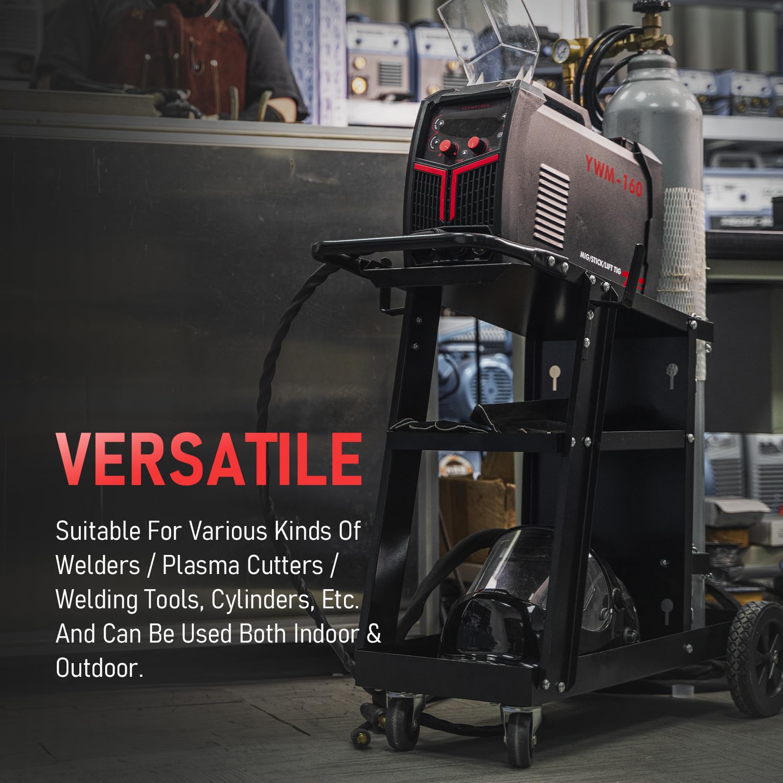 YESWELDER welding cart with 360-degree wheels for smooth movement.