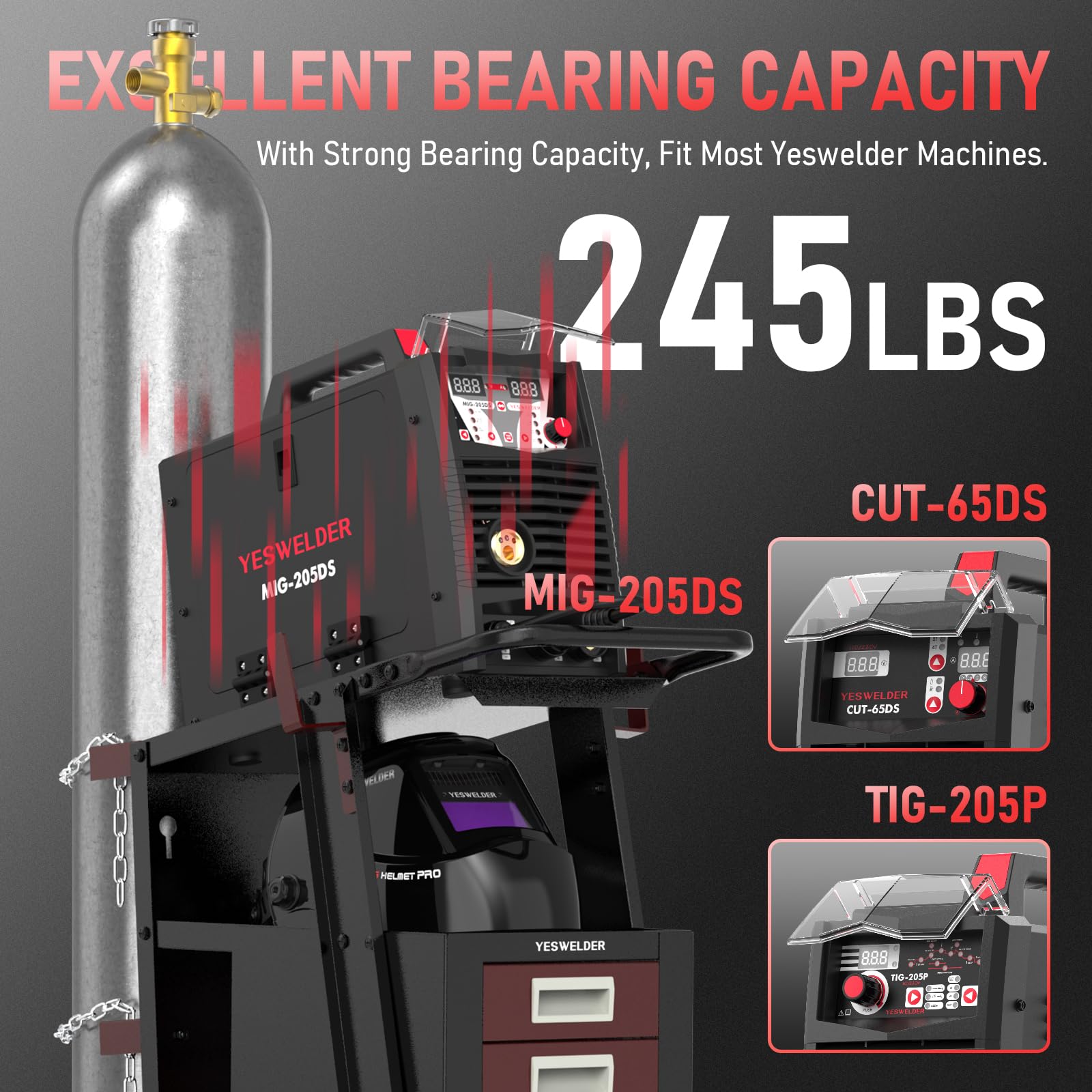 YESWELDER welding cart features 360° wheels for smooth indoor and outdoor movement.