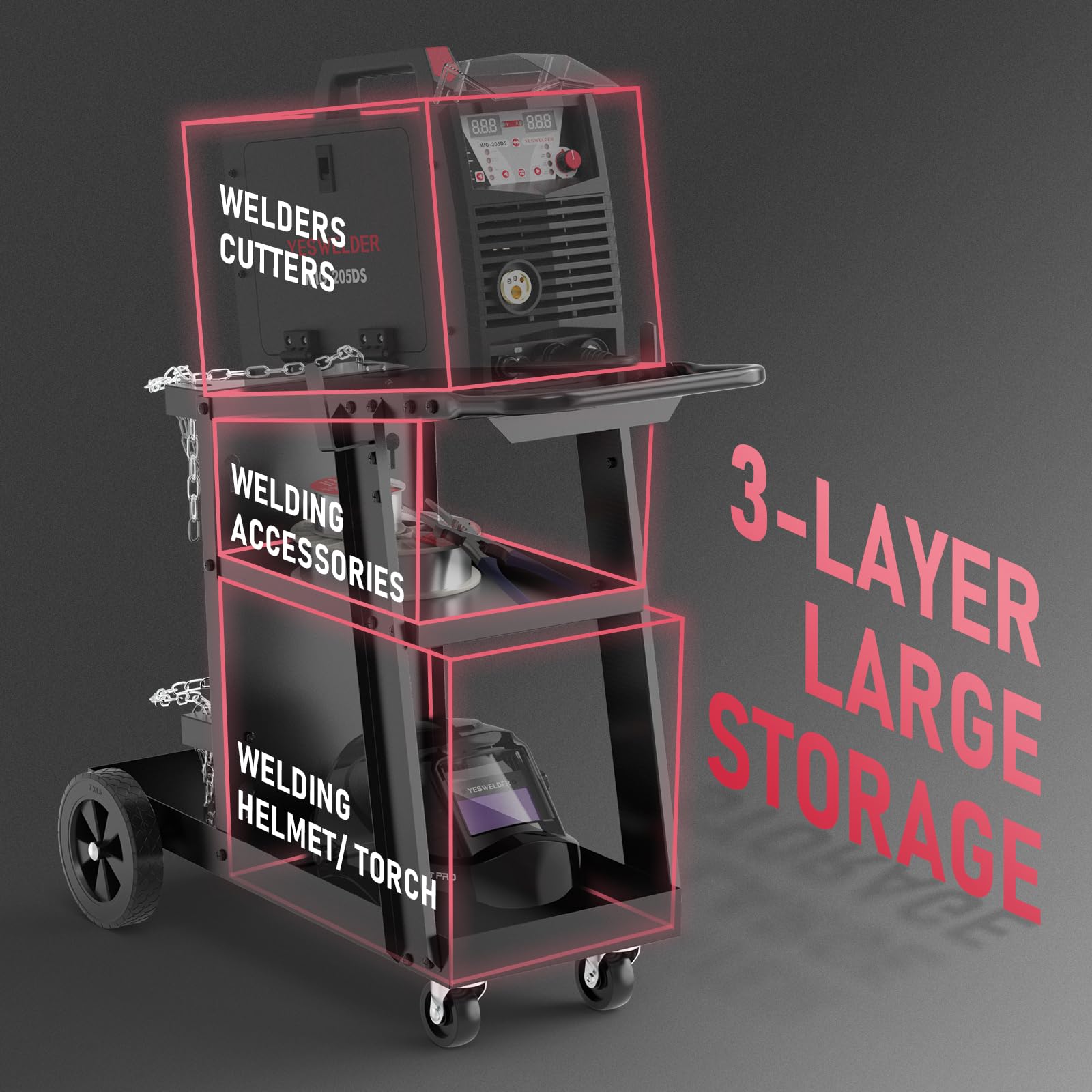 YESWELDER welding cart cylinder storage keeps gas tanks secure.