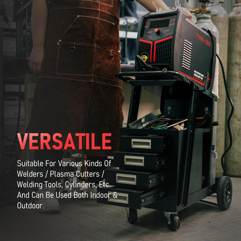 YESWELDER welding cart cylinder slots with safety chains secure gas tanks during transport.