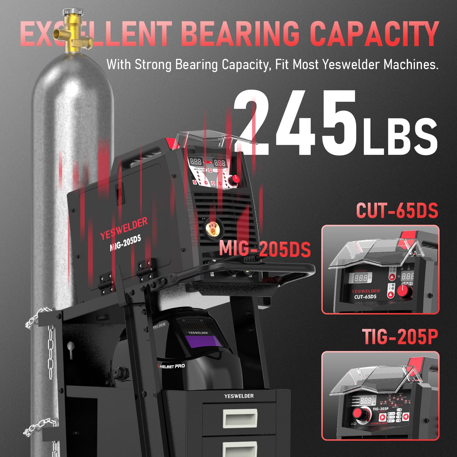 YESWELDER welding cart side hooks hold tape measures and cables to reduce clutter.