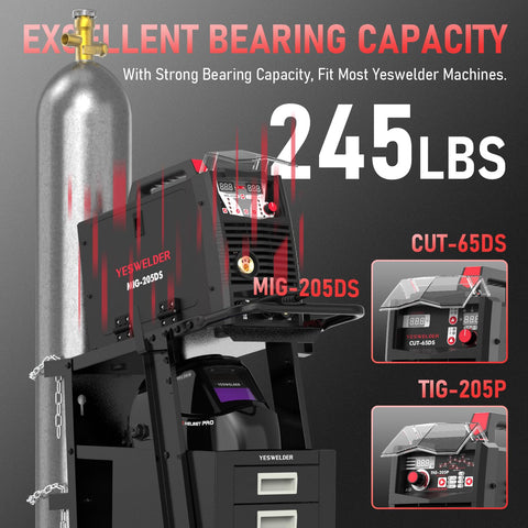 YESWELDER welding cart side hooks hold tape measures and cables to reduce clutter.