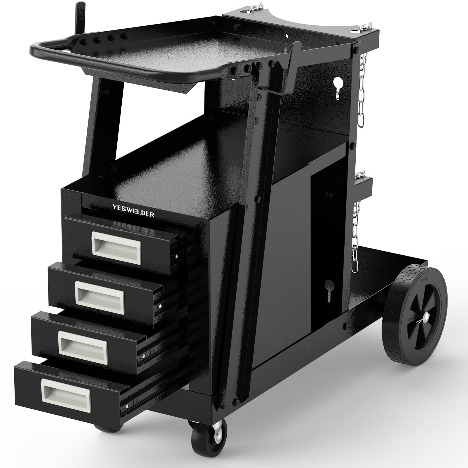 YESWELDER welding cart with four drawers keeps tools organized for easy access.