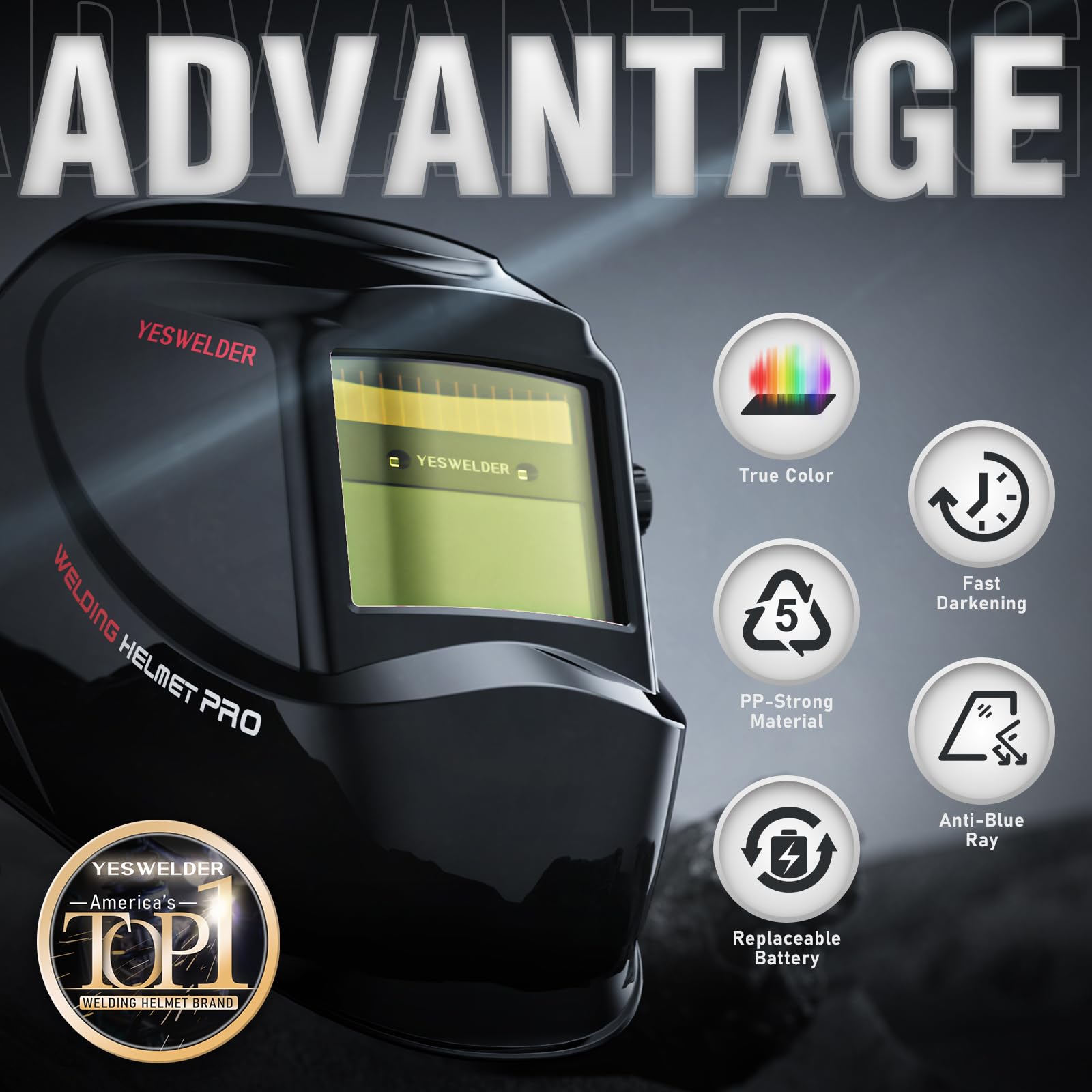 YESWELDER welding helmet with wide shade 3.5/9-13 for TIG, MIG, ARC versatility.