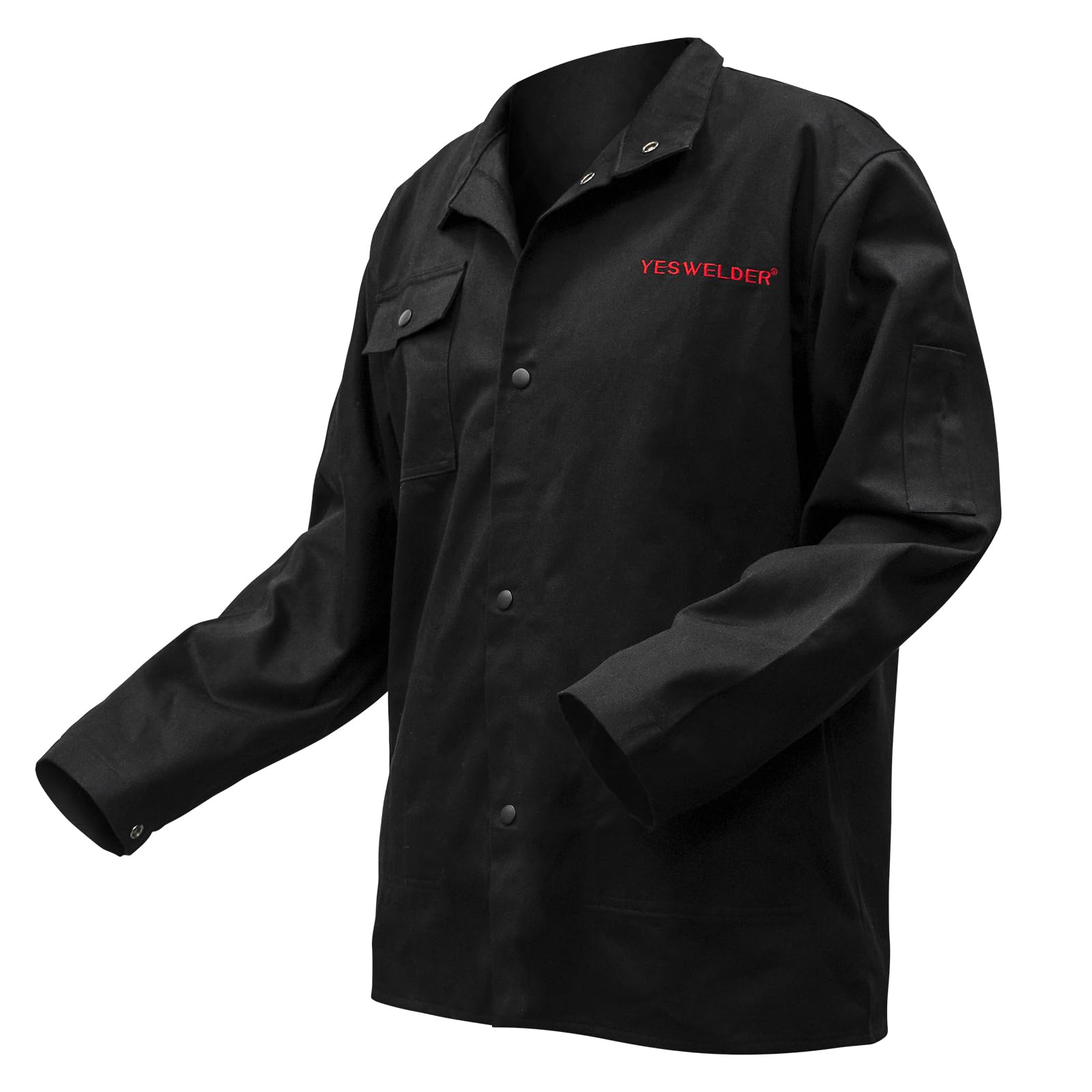 YESWELDER 11oz FR welding jacket front view showing protective design for sparks