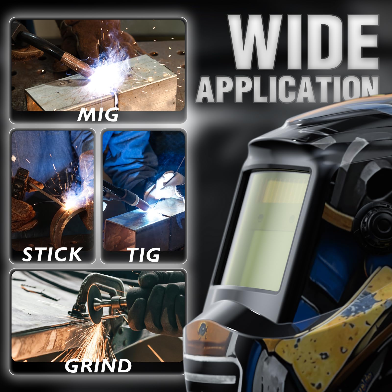 YESWELDER wide shade range 3.5/9-13 supports TIG, MIG, MMA and grind.