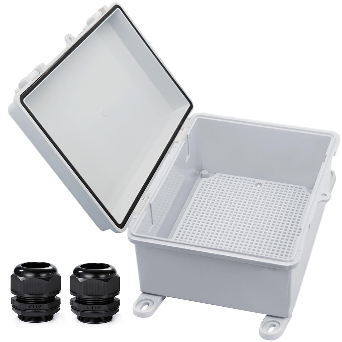 YETLEBOX weatherproof junction box with hinged cover protects outdoor wiring.