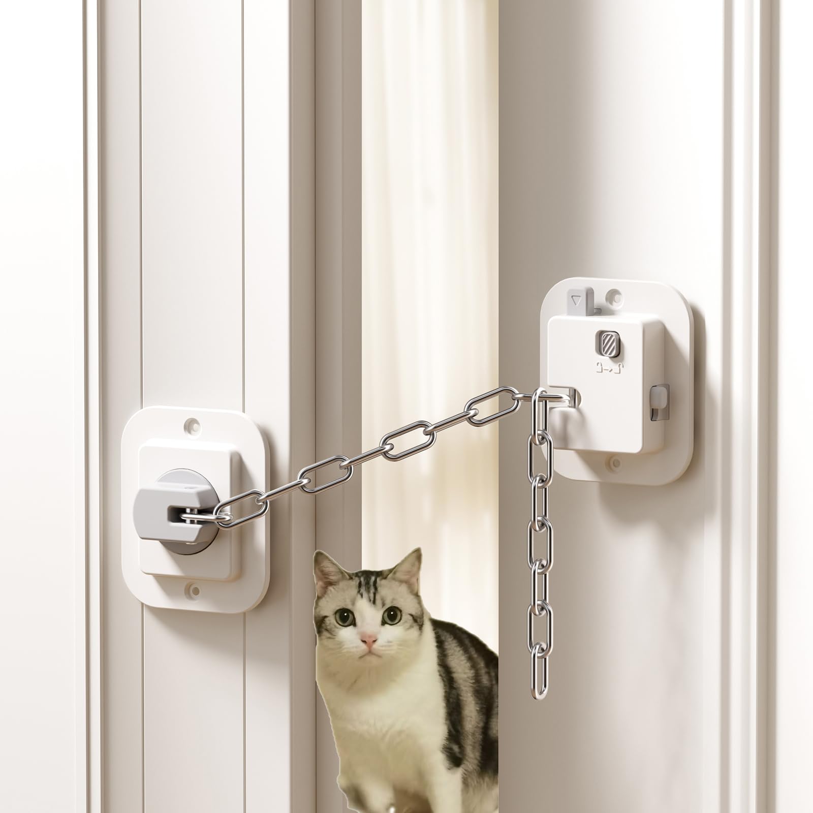 YEYA cat door latch closeup with adjustable strap.