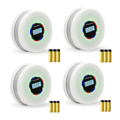 Yfwsrecinoe 4-pack dual sensor detector front view with LCD displaying CO levels