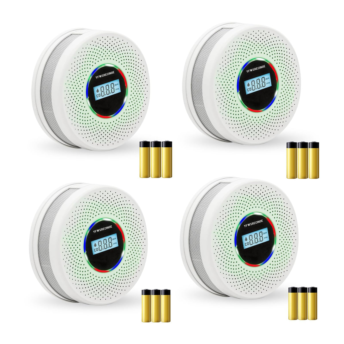 Yfwsrecinoe 4-pack dual sensor detector front view with LCD displaying CO levels