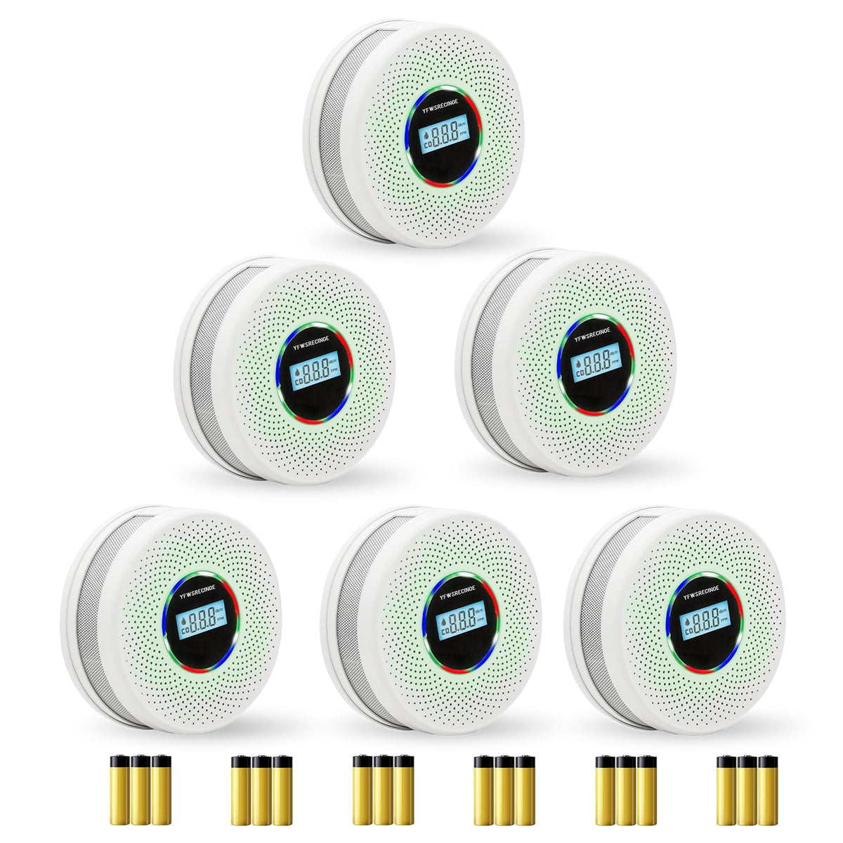 Yfwsrecinoe dual-sensors with LCD display showing CO levels and battery status.