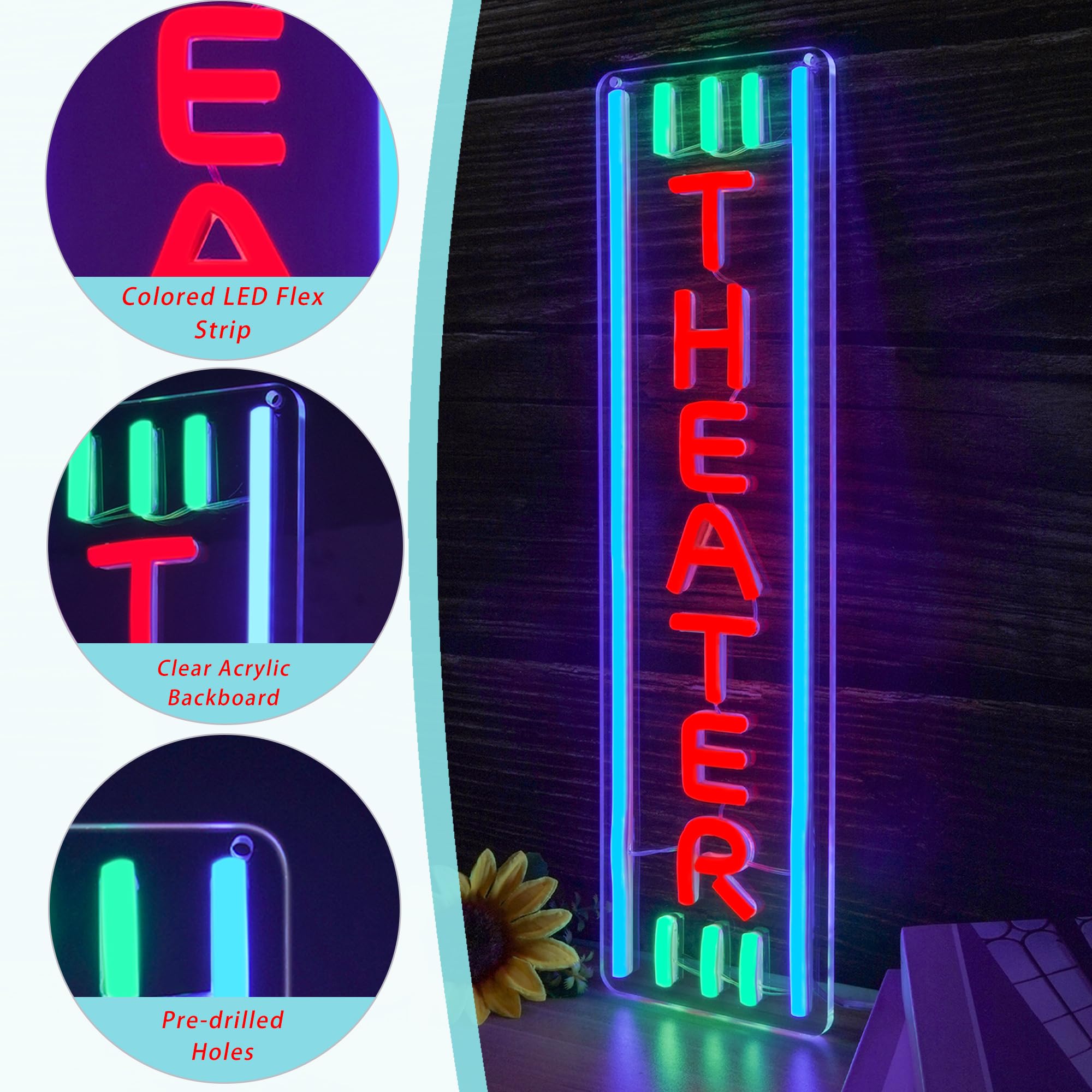 YHOPESPZ Theater Neon Sign hanging kit back view shows mounting hardware