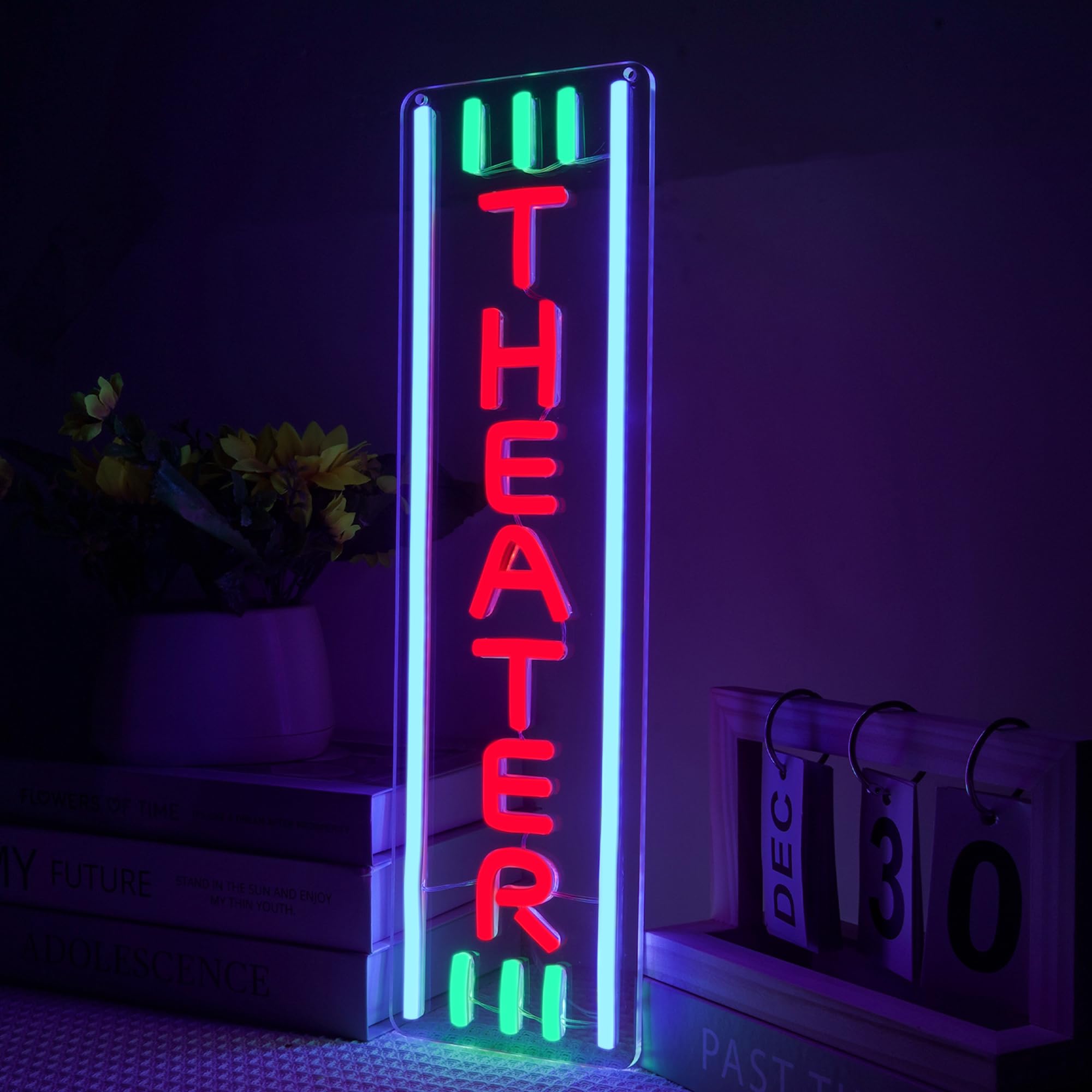 YHOPESPZ Theater Neon Sign illuminated night scene provides vivid ambient lighting for movie nights