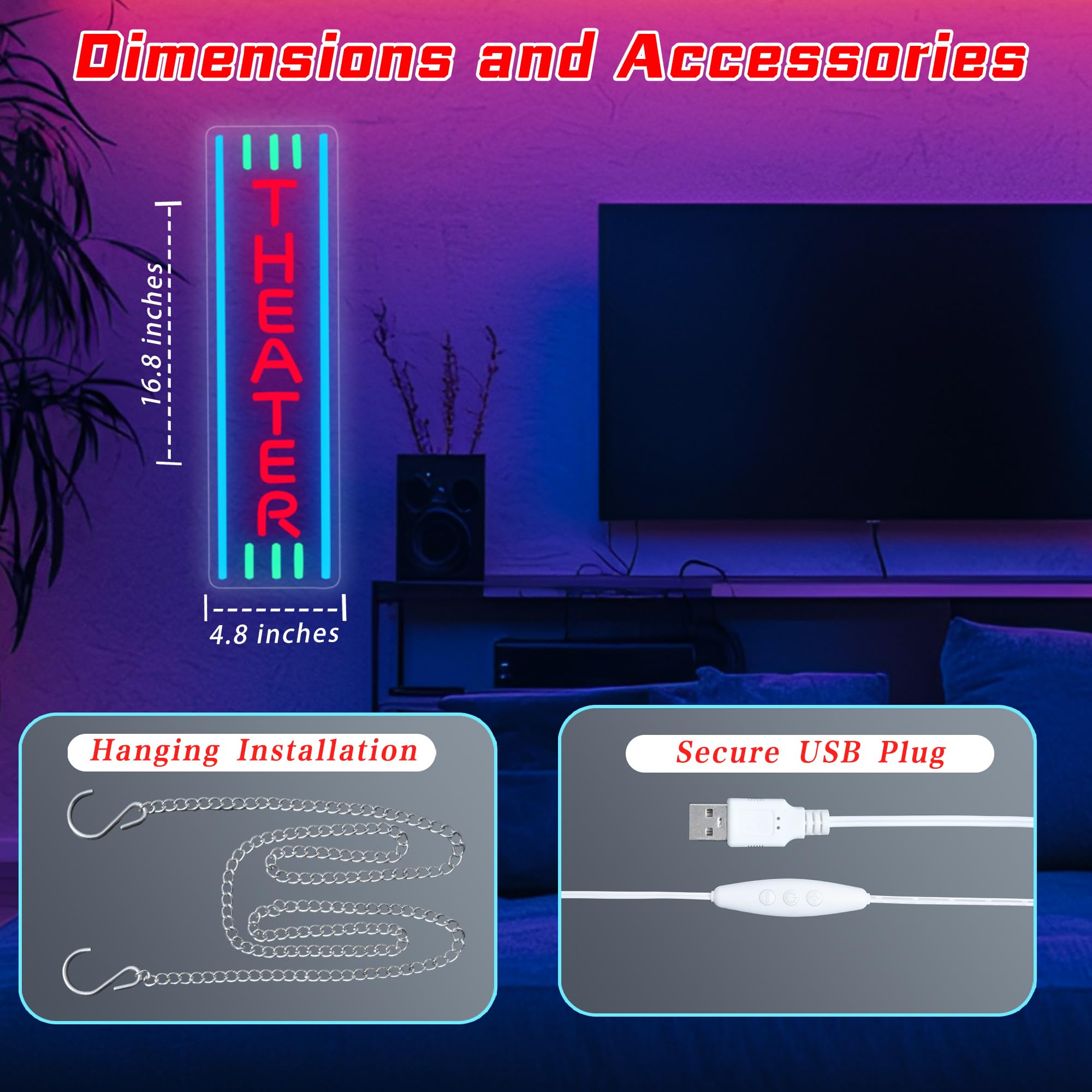 YHOPESPZ Theater Neon Sign USB-powered setup ensures quick, mess-free installation