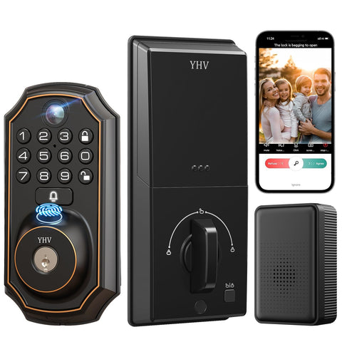YHV keyless door lock with camera and fingerprint for secure, convenient access.