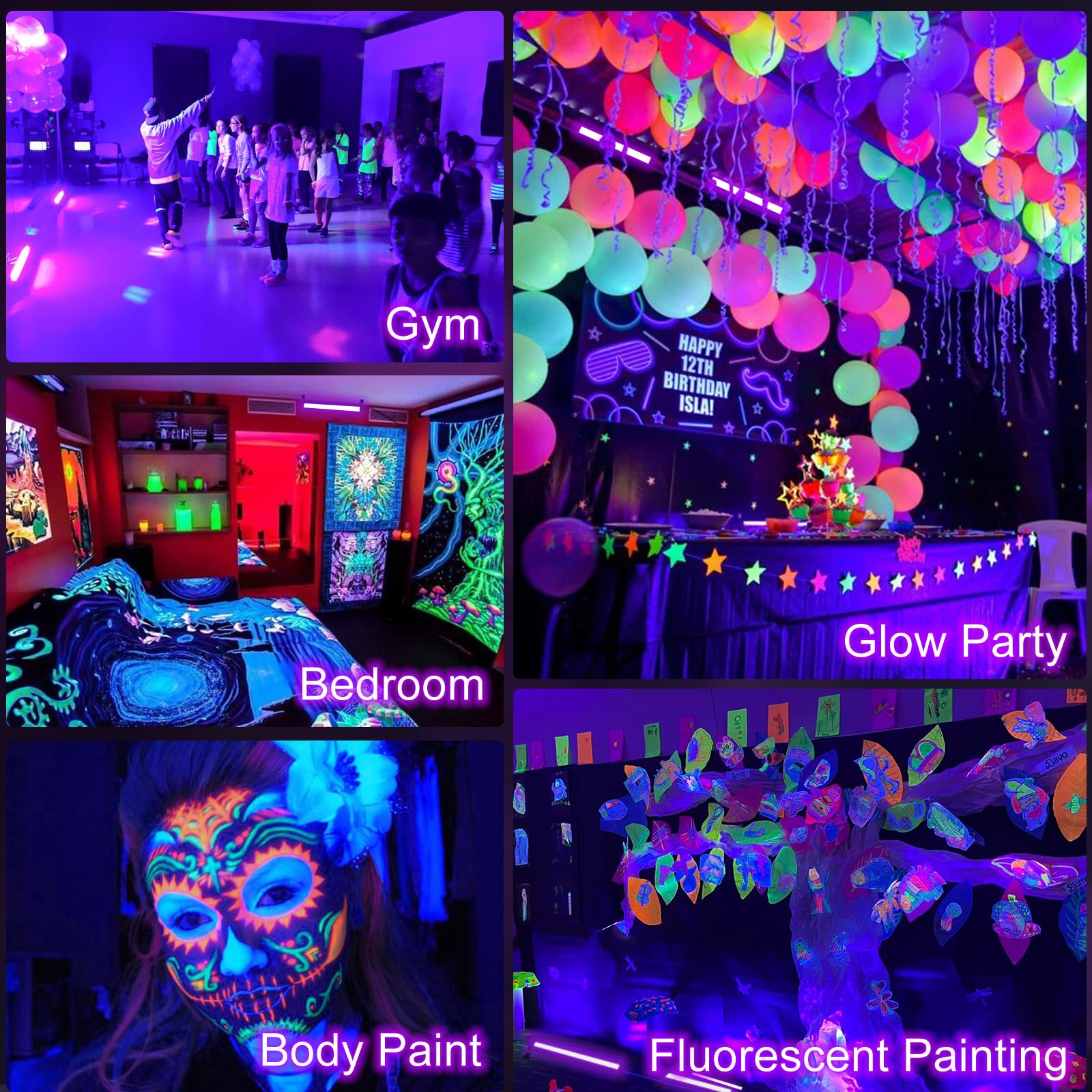YIAYETOG body paint glow with UV light highlighting artwork and designs.