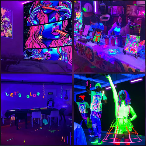 YIAYETOG neon art poster illumination amplifies colors under the UV glow.