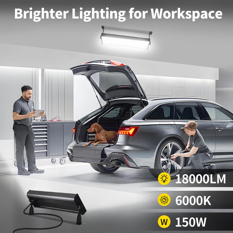 YIEELOG 150W LED Shop Light angled view, broad 120° beam for wide-area coverage