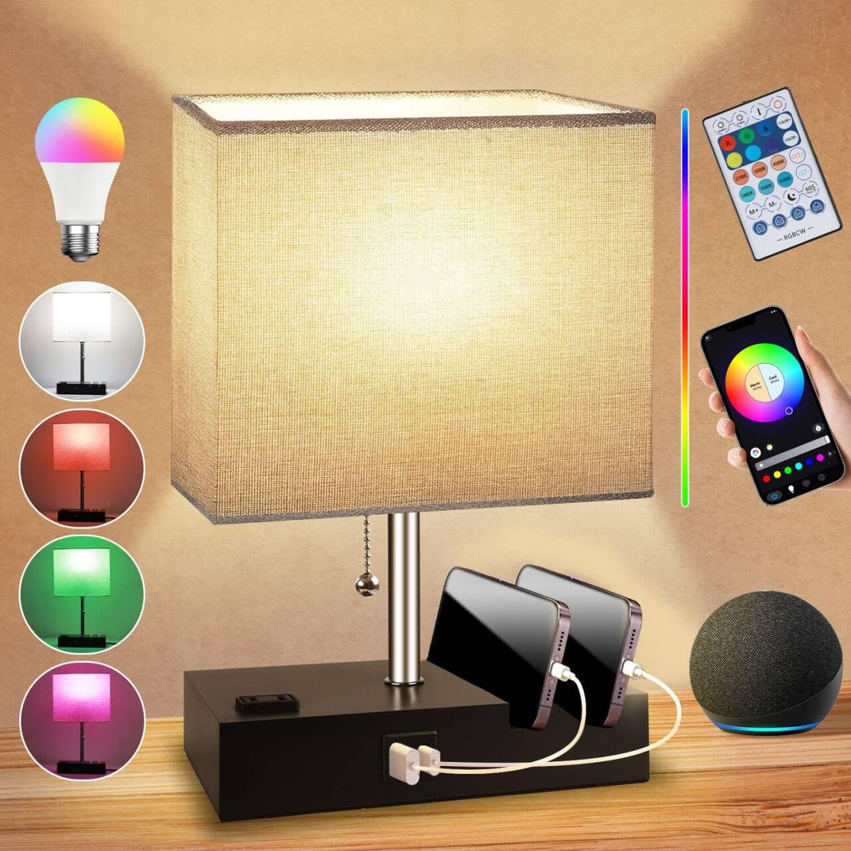 YIEELOG smart RGB table lamp angle view with adjustable color and brightness