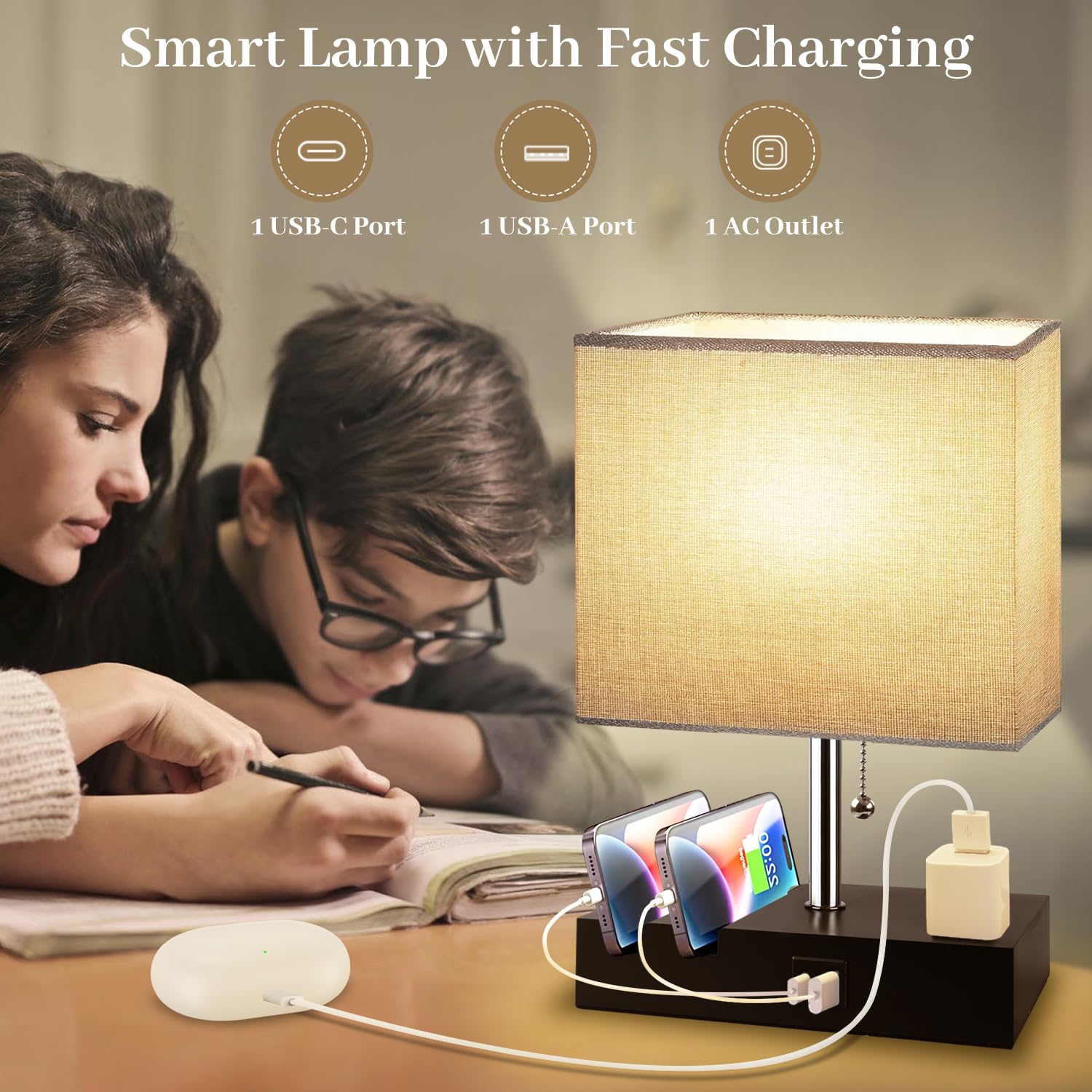 YIEELOG lamp featuring an outlet for powering small devices