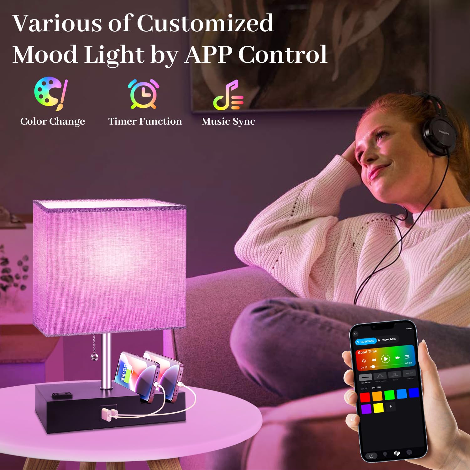 YIEELOG lamp with USB-C and USB-A ports for charging
