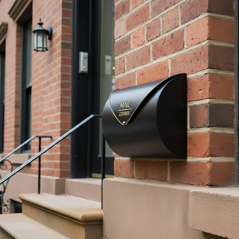 Yielycan mailbox mounted on wall in a home exterior setting