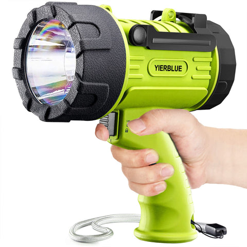 YIERBLUE rechargeable spotlight with 100,000-lumen beam for long-range visibility.