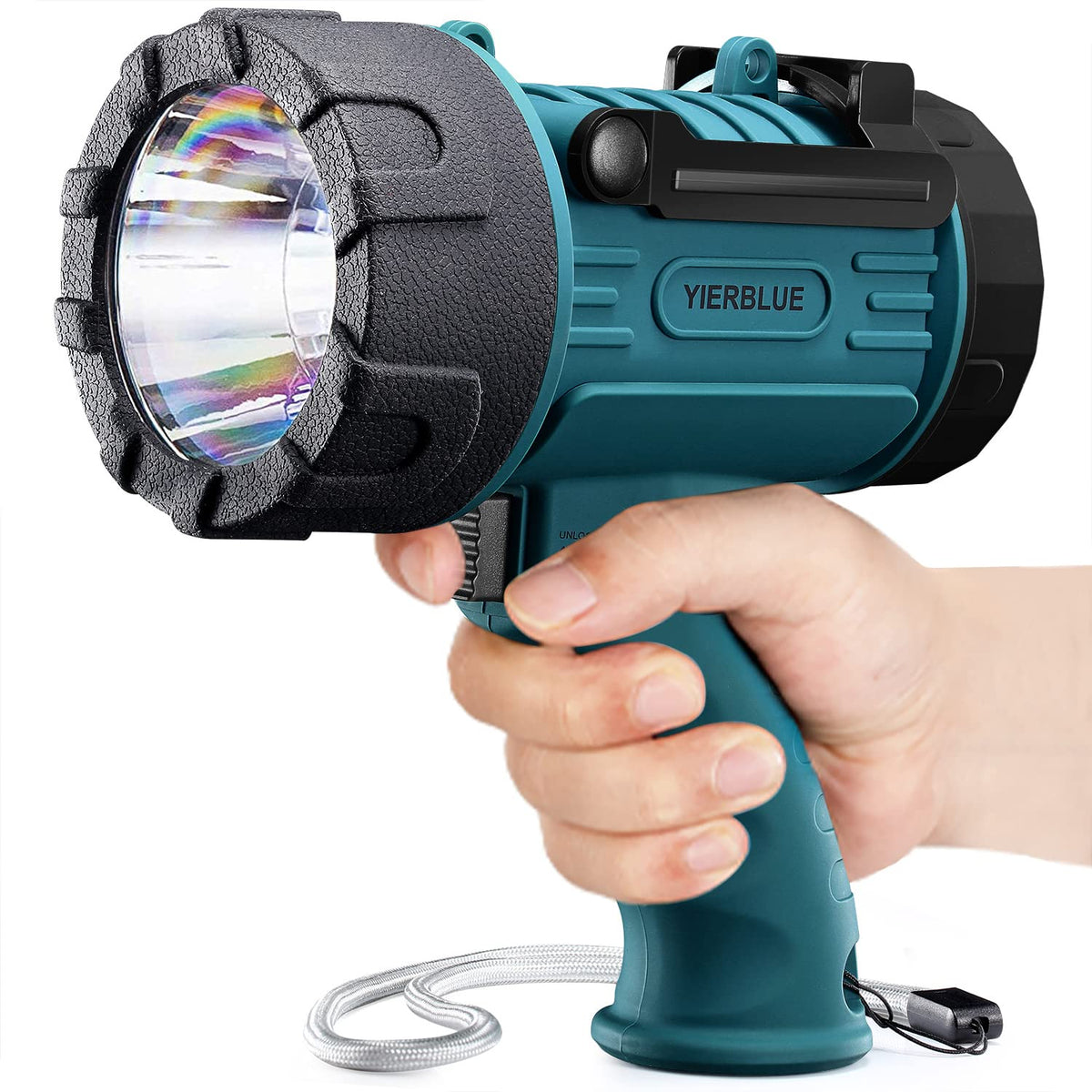 YIERBLUE Rechargeable Spotlight with a 1,000,000 lumen beam for long-range visibility.
