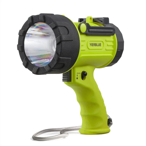 YIERBLUE rechargeable spotlight with 90,000 lumen beam for long-range visibility.