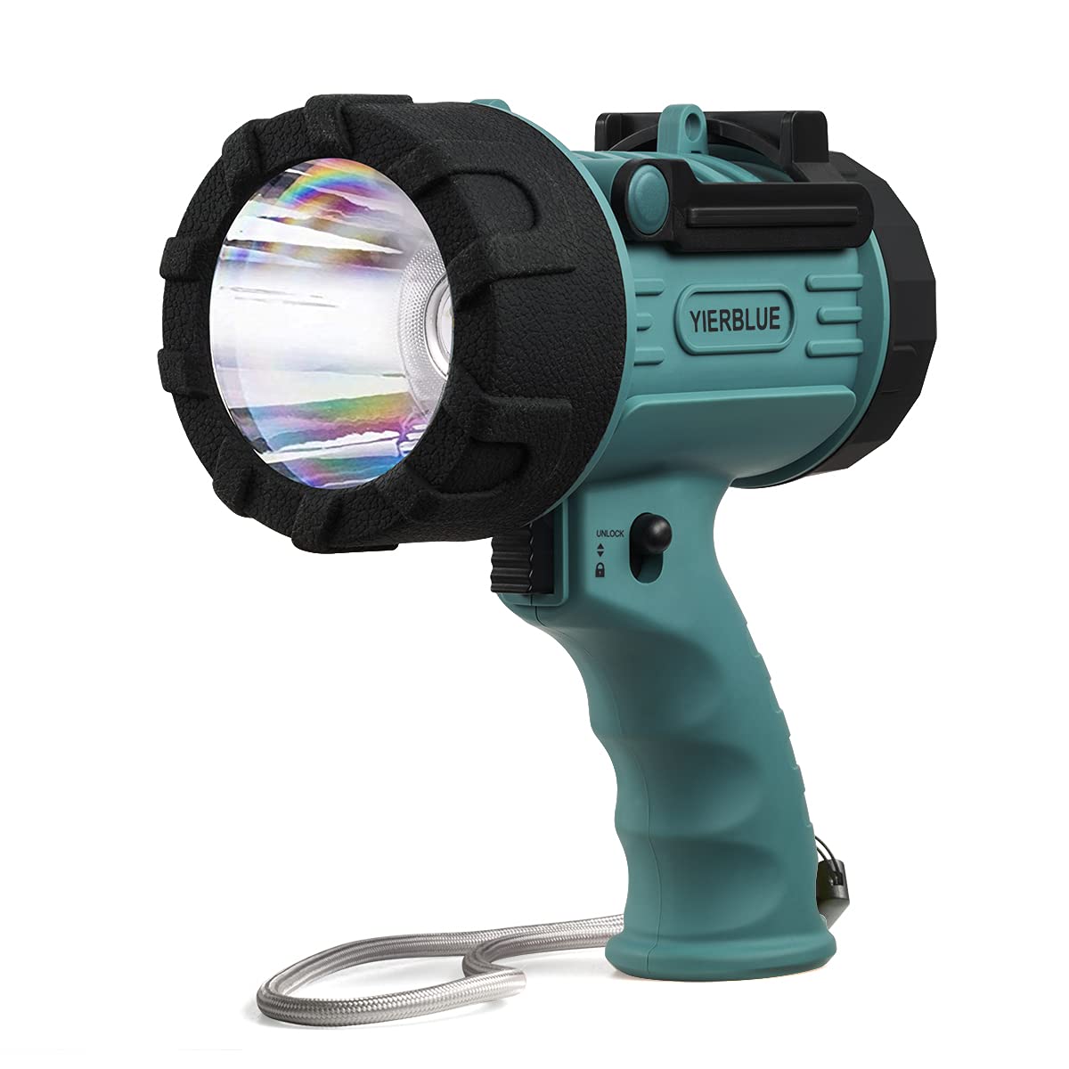 YIERBLUE rechargeable spotlight with 90,000-lumen beam for expansive outdoor lighting.