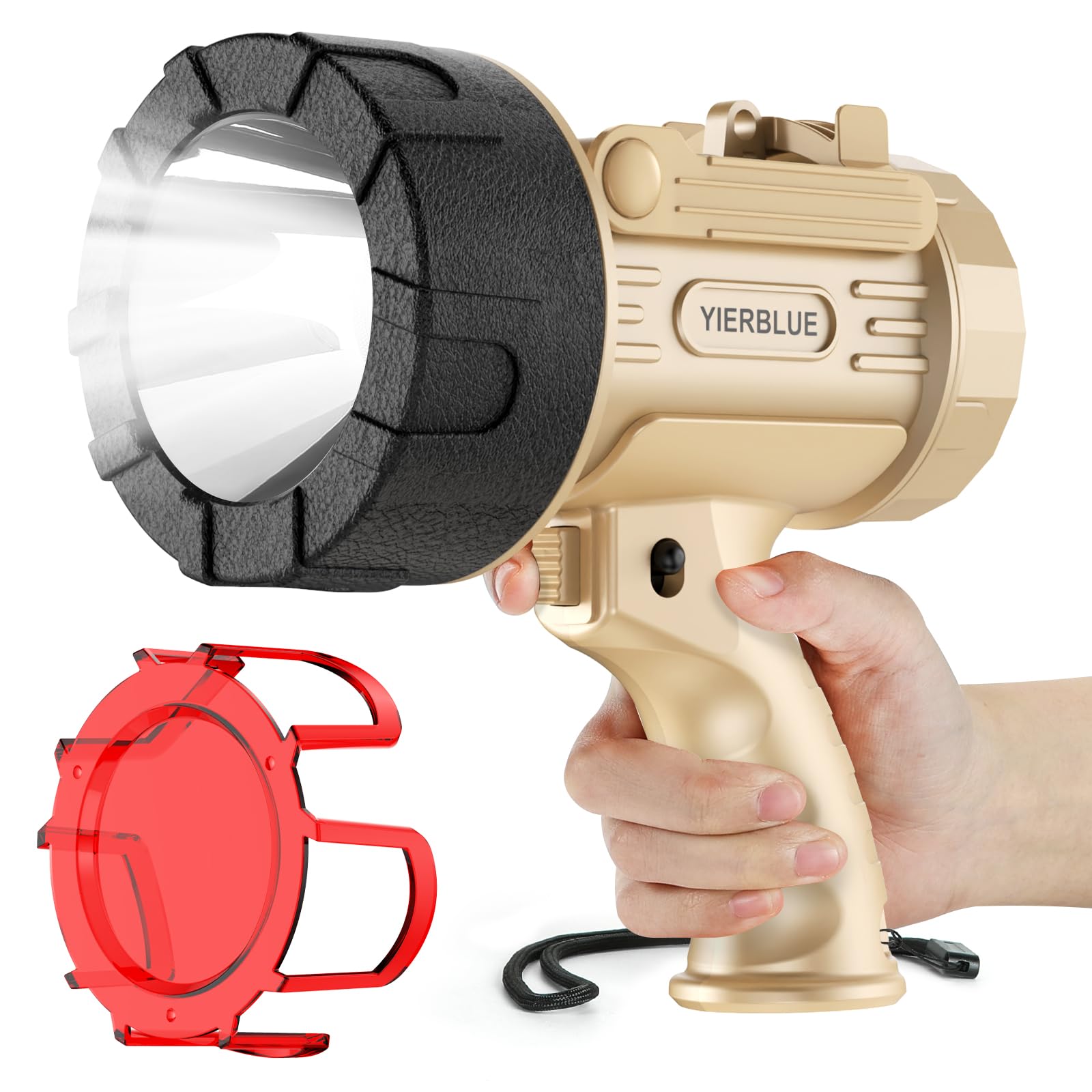 YIERBLUE rechargeable spotlight beam showing long-range visibility for outdoor tasks