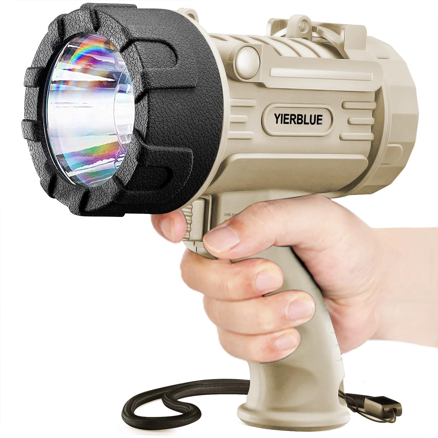 YIERBLUE rechargeable spotlight front view for easy target spotting