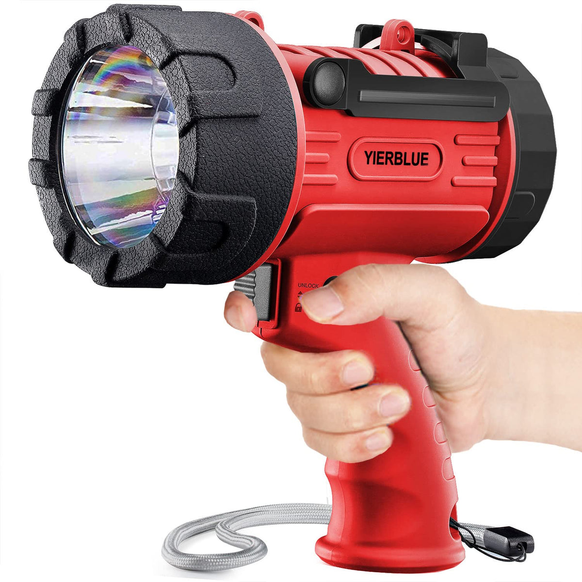 YIERBLUE spotlight with a 100,000-lumen beam for clear outdoor visibility