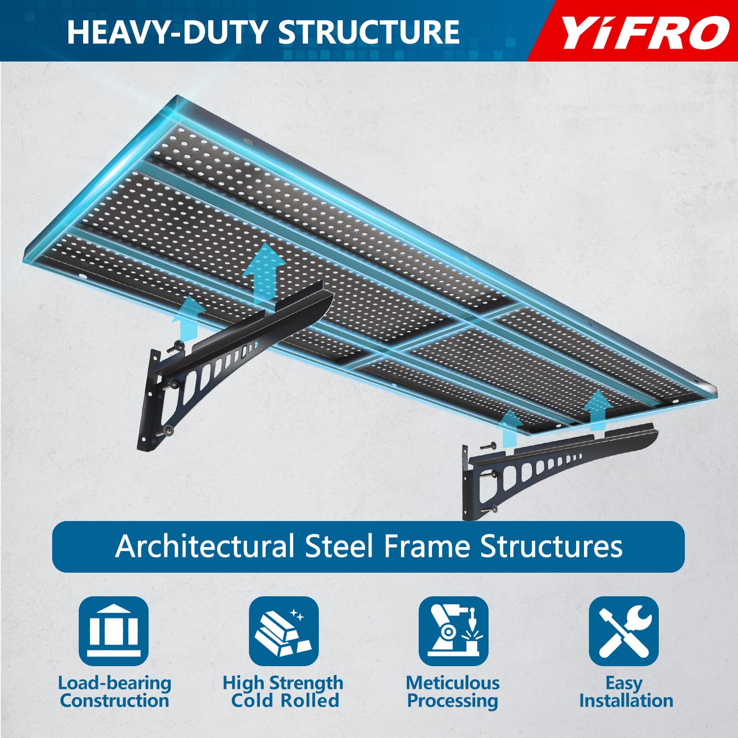 YIFRO wall shelf with hooks keeps cords and gear organized.