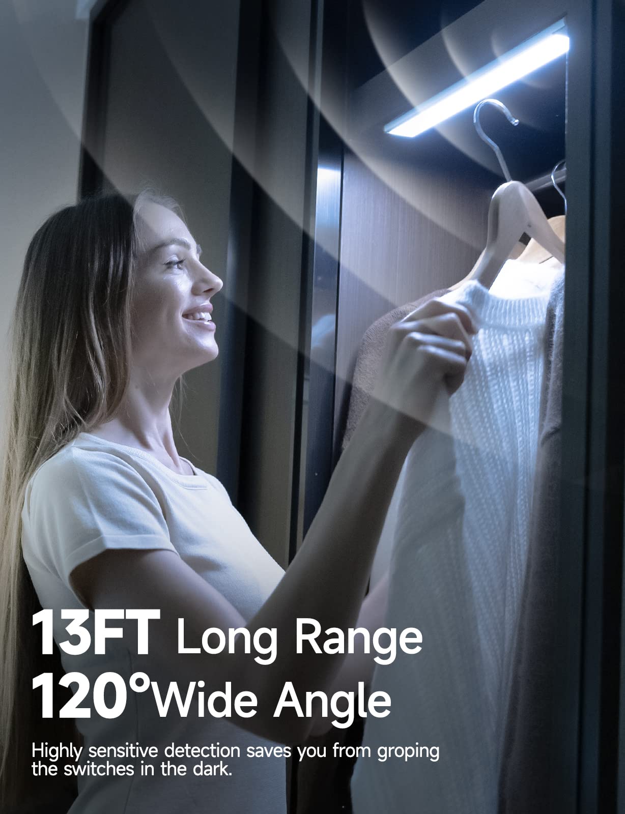 YIGER motion sensor activation shows hands-free lighting up to 13 feet.