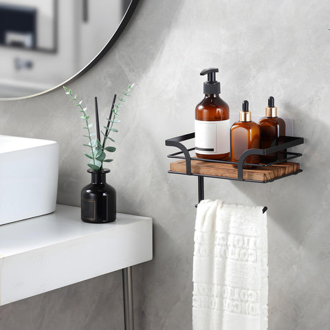 Black metal frame with wood shelf enhances rustic bathroom decor.