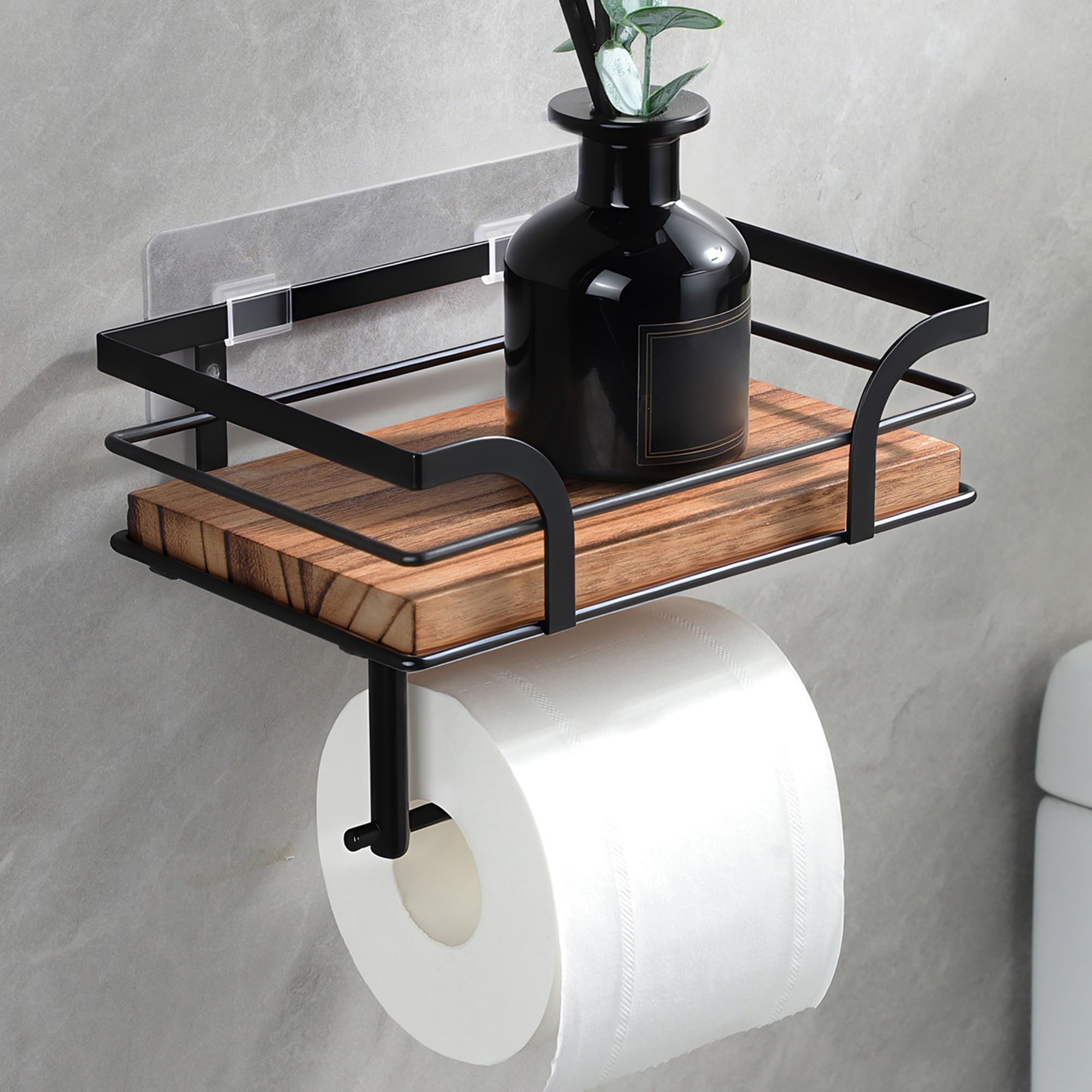 YIGII rustic farmhouse toilet paper holder with wood shelf for warm storage.