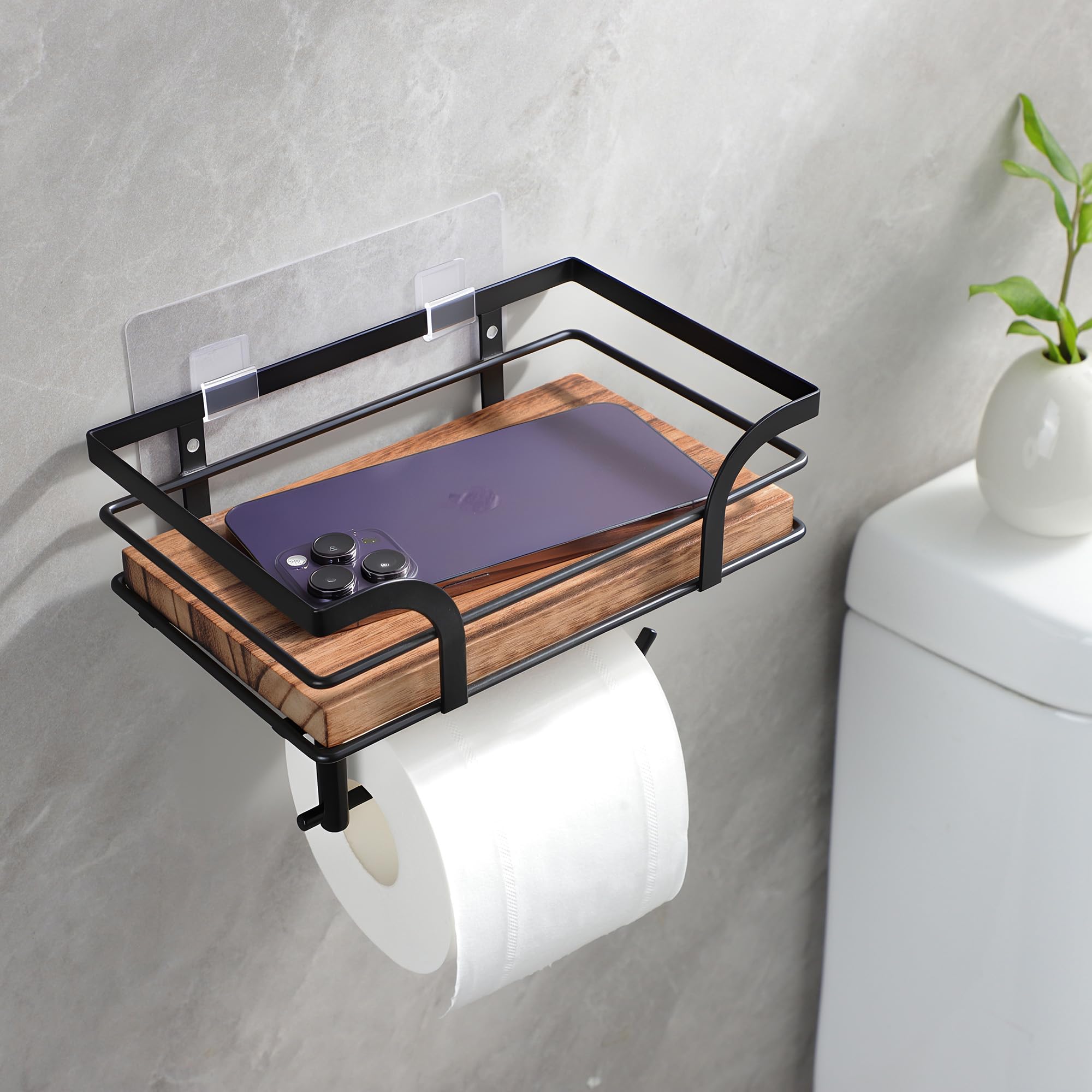 Wood-shelf toilet paper holder by YIGII adds practical bathroom storage.